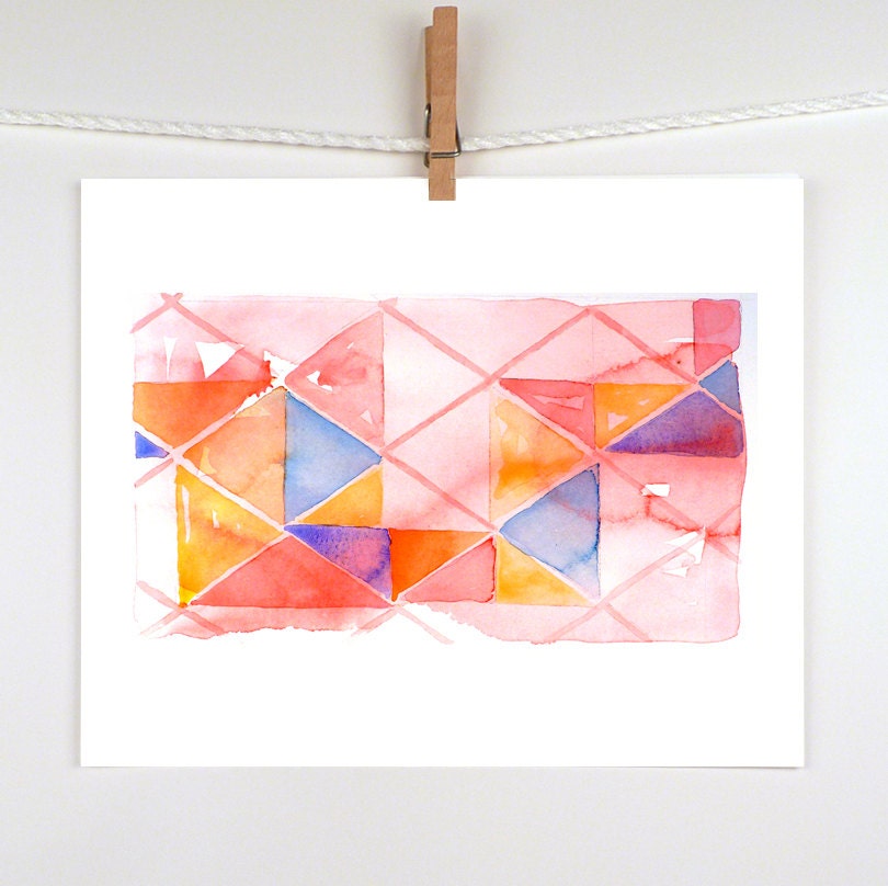 Abstract Art - Watercolor Painting Print - Geometric Abstract Diamonds Triangles, Pastel Dusty Rose Mustard Yellow Melon - ACEO to 8 x 12