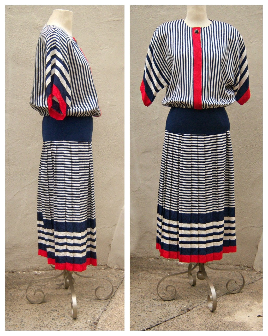 Vintage 80's dress // red white blue striped blouson dress // SILK // Adrianna Papell // Medium
