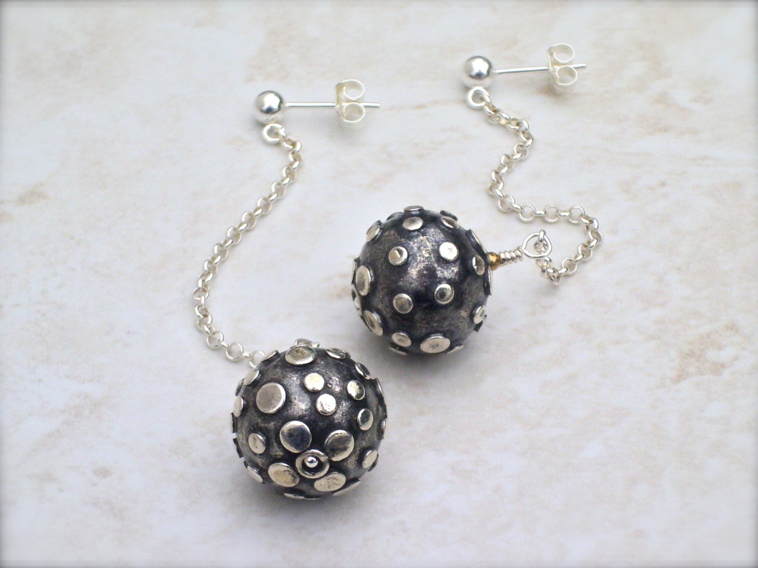 long dangle earrings, oxidized sterling silver spheres, round balls with circles, modern contemporary, unique artisan jewelry, dark grey