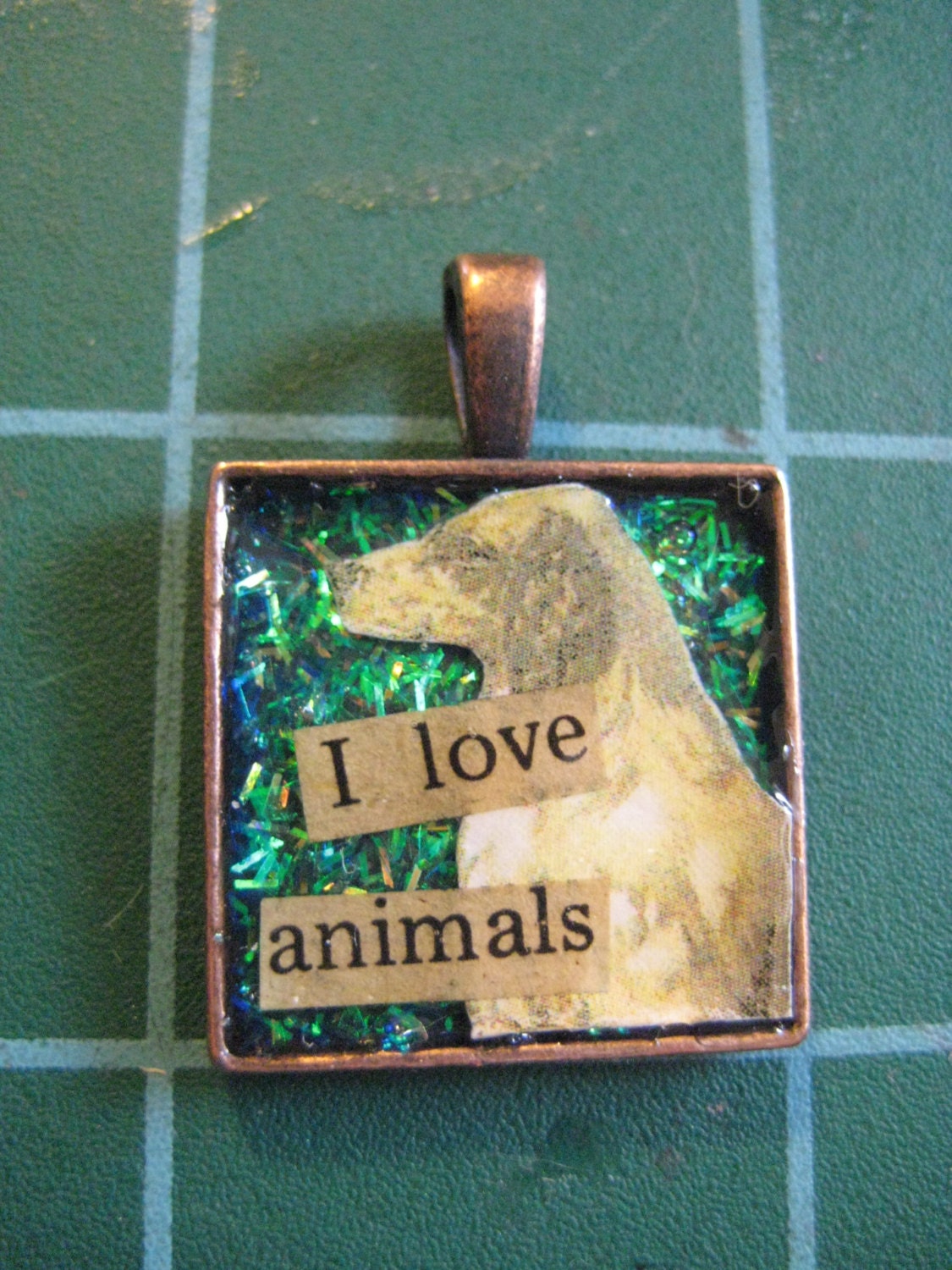 I Love Animals Pendant, Vintage Dog Design, Green Iridescent Tinsel Glitter Background