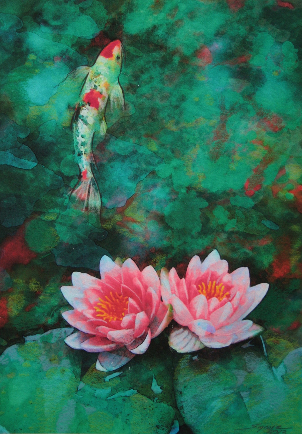 Koi, morning mist, 5x7, Fine Art photo mixed media, Original, painting, drawing added, teal decor, Lotus, Koi, art
