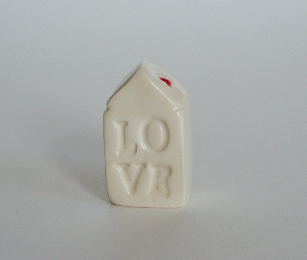 LOVE Little Clay House Miniature Figurine red white heart