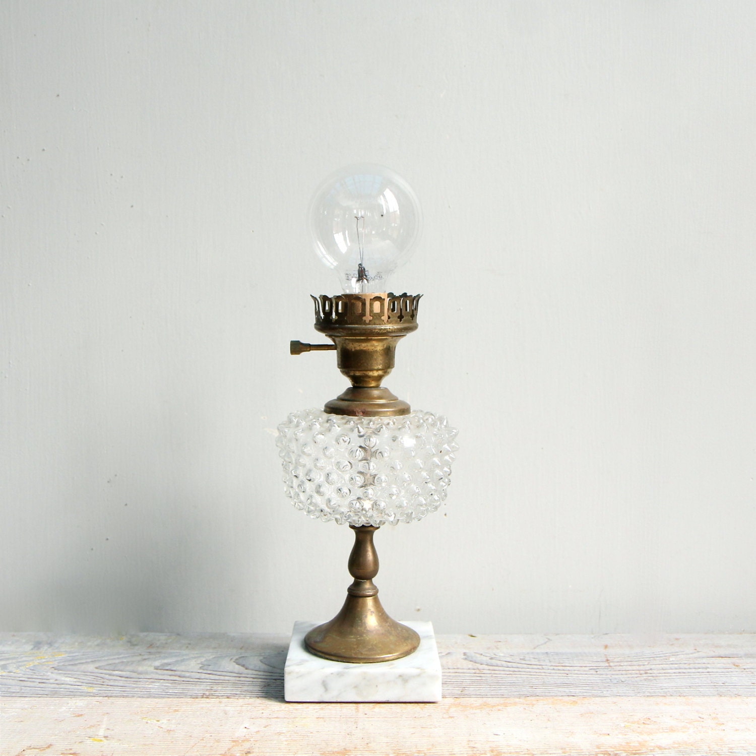 Antique Glass Hobnail Lamp / Oil Lamp, Marble, Brass
