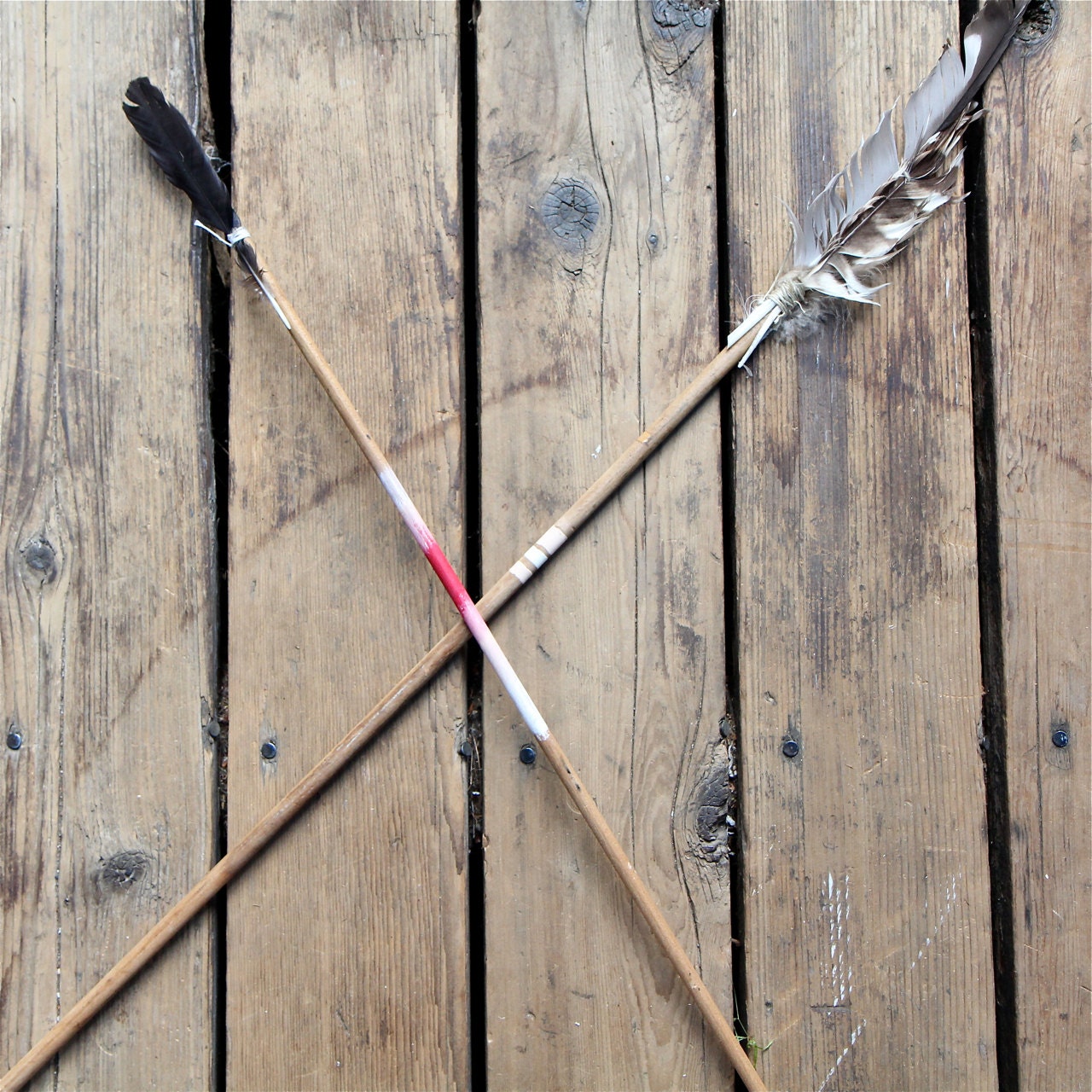 Large Handmade Wooden Arrow / Feather Arrow, Striped, Archery, Modern Folk