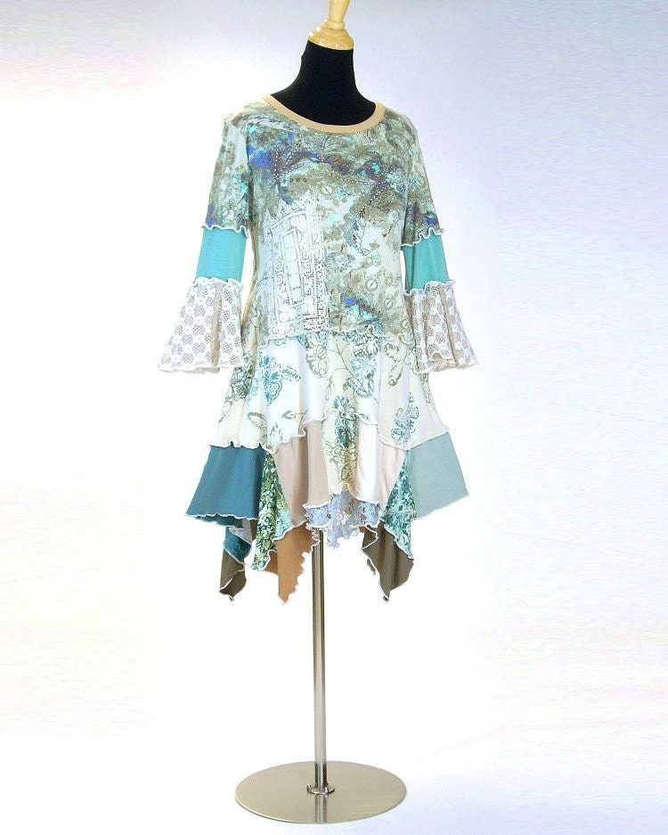 Cotton Knit Tunic Dress, Romantic Style,Beige and Seafoam , Size Medium-Large (12-14)