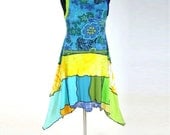 Sleeveless Summer Dress, Blue and Yellow Floral Motif,  Cotton Knit , Size Medium, 12-14