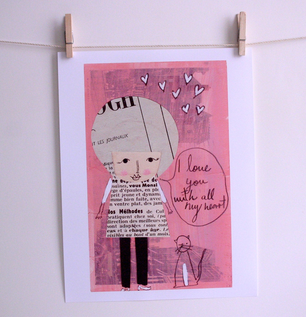 Love you with all my heart - Paper Collage - Paper doll - Print - pink
