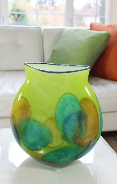 Lime Yellow Oval Hand Blown Glass Flower Dot Vase Home Decoration