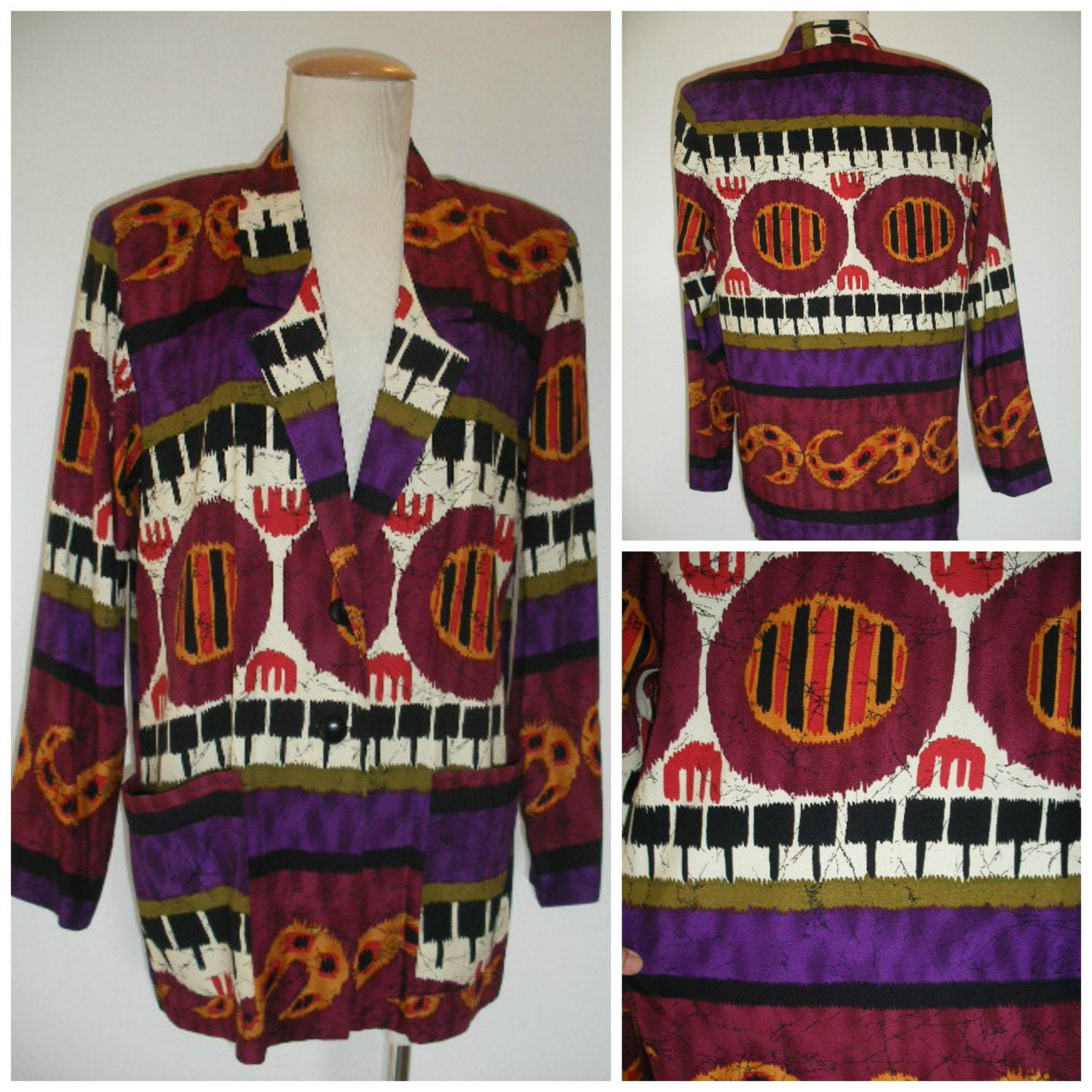 80s street glam blazer, tribal abstract print box cut blazer, square style lines roomy fit.