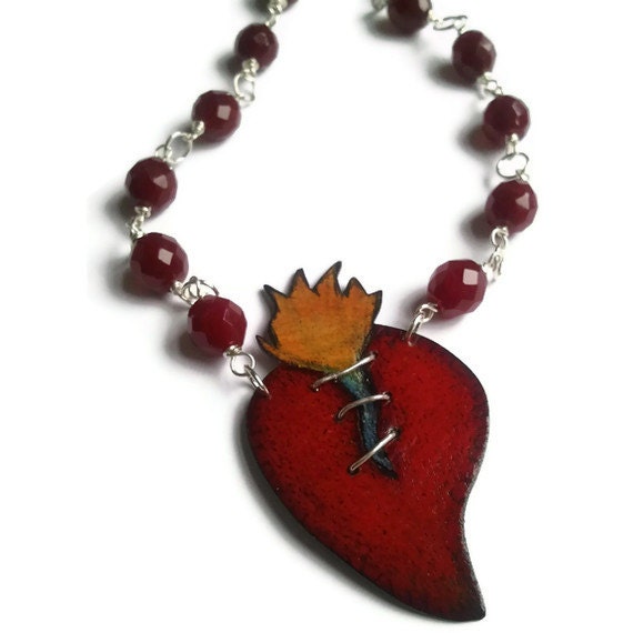 Stitched Flaming sacred Heart Necklace