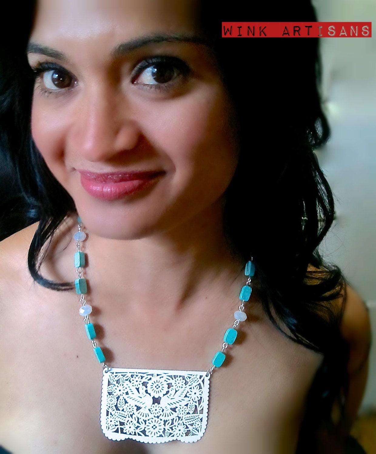 White and Turquoise Papel Picado Necklace