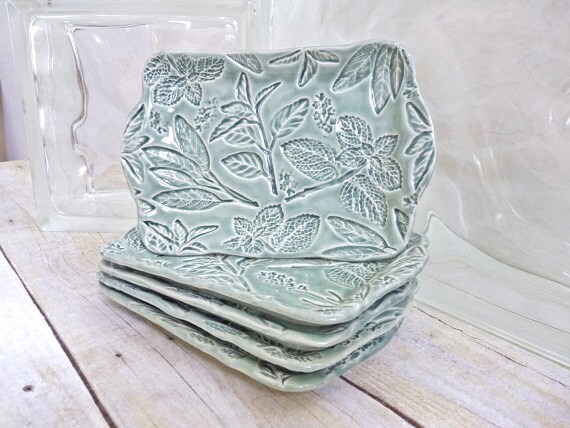 Ceramic Trays Set of Five Herb Garden Dishes Pottery Sage Green Basil Mint Lavender Sage