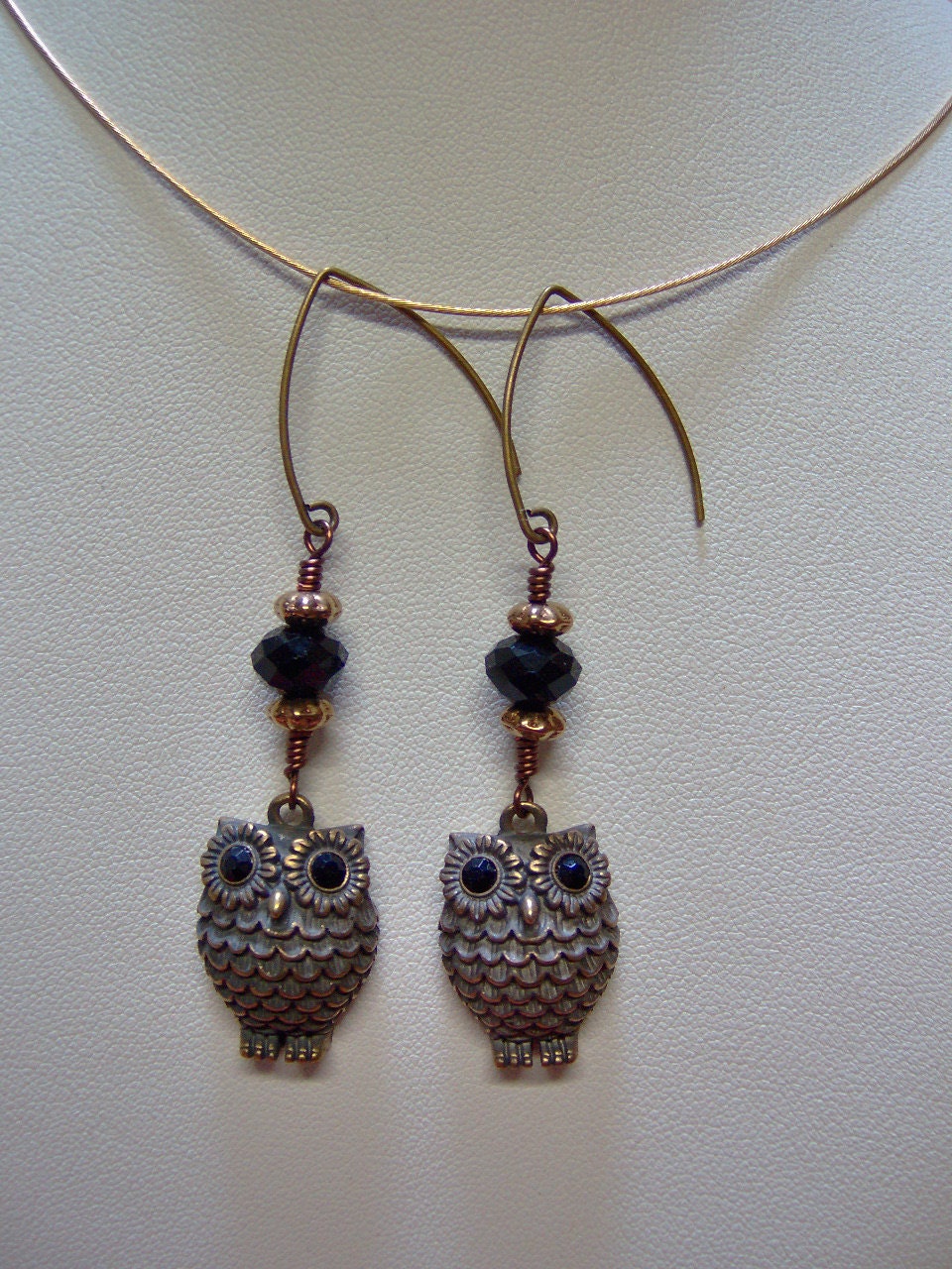 Owl "Hootie" Dangle Earrings with Black Eyes in Brass