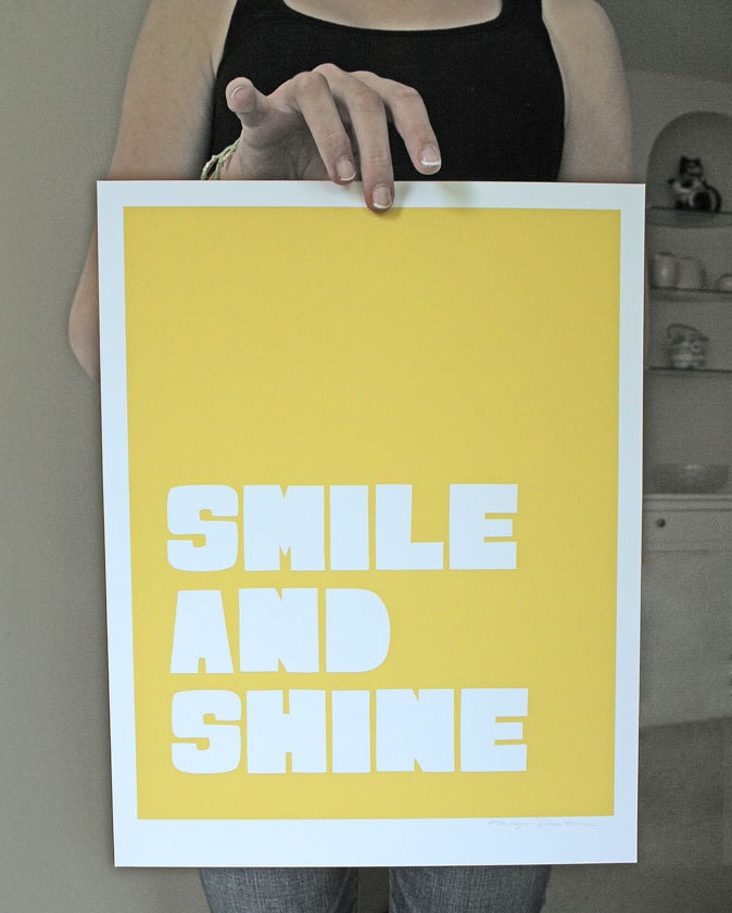 Smile and Shine Quote Yellow and Gray Typography 11x14 Art Print