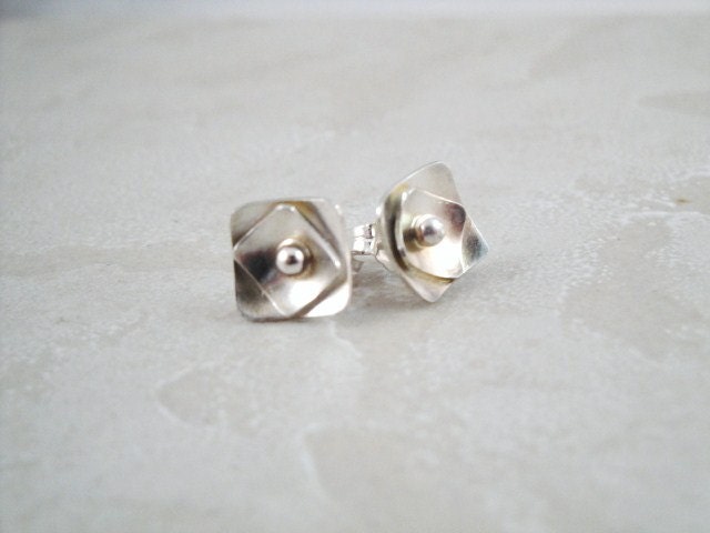 Sterling silver post earrings. Double layer curved dish. Metalsmithing. Small earrings. Everyday wear