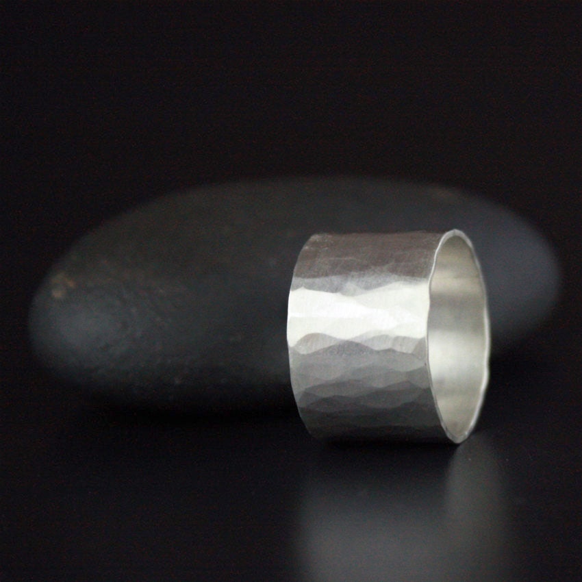 Wide Band Hammered Silver Ring, Minimalist Elegance