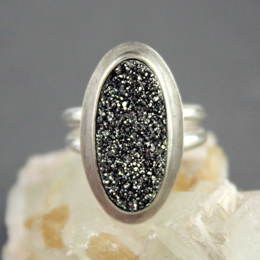 Silver Titanium Druzy Statement Ring, Cocktail Ring