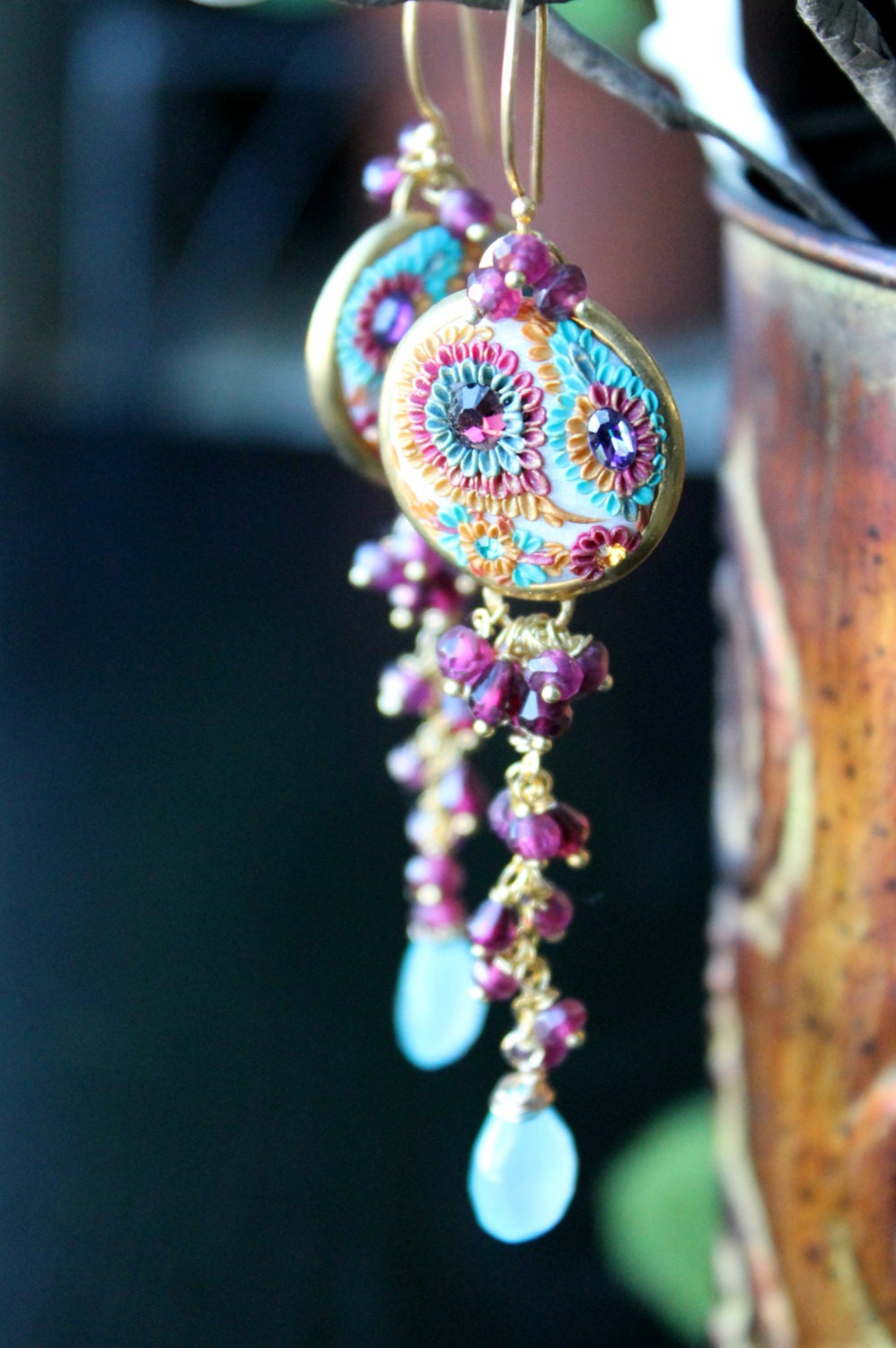 Rhodolite Garnet, Glowing blue Chalcedony,brass and  vermeil gold with clay details - The Beautiful Bride From Kashmir