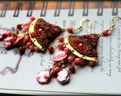 Stunning Keishi Pearls and red, peach coral clusters gold earrings with clay details and tribal brass Findings - Under the Sakura Blossom