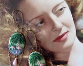 Flamingo Earrings - Vintage Style Jewelry - Green and Pink Earrings - Chains - Retro - Cameos (SD0520)