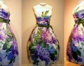 1950's Lilac And ROSE Print Velvet Sash Cocktail Dress Vintage 50's Floral Couture Polished Cotton Designer Wedding Bombshell Party Dress