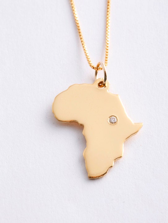 Large 14k Solid Gold Africa Pendant with diamond