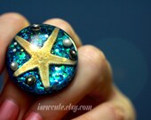 Ocean Theme Mermaid Treasure Ring - Real Starfish, Glitter, & Pearls - Unique Giant Beach Seashell Ring