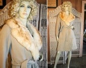 70s Wrap Coat Big Fur Collar Belted Tan Wool Fabulous S