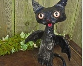 Count Cookicat, Winged Bat Cat Fairy Dragon Figurine Sculpture paper clay collage paper mache mixed media