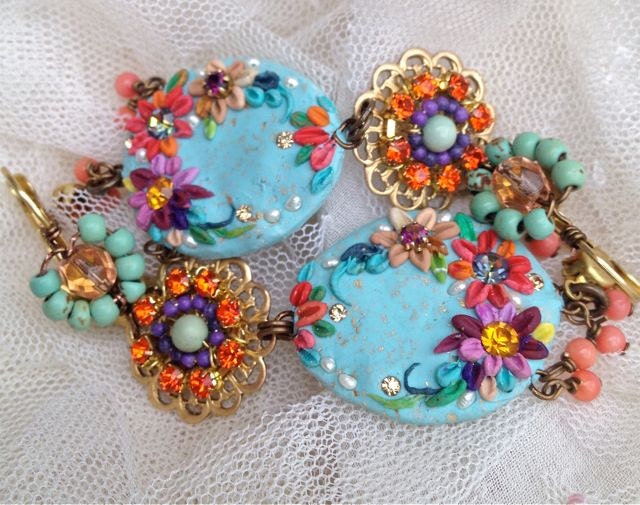 Lilygrace Aqua Tropical Flower Long Dangle Earrings with Turquoise, Coral and Freshwater Pearls
