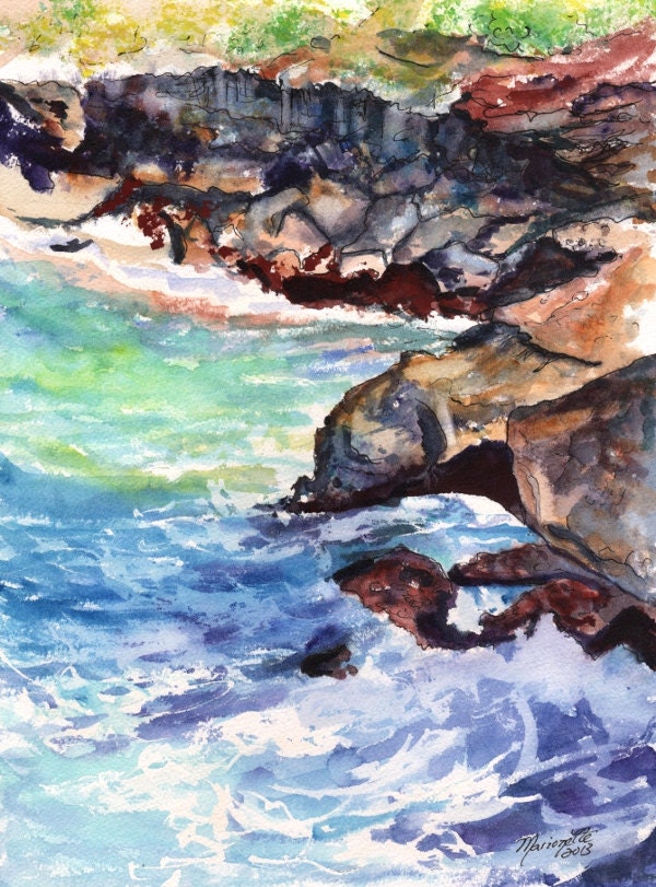 Sea Cliffs and Waves Original Watercolor Beach Painting from Kauai Hawaii by Marionette