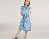 70s Homemade Swirl-style Cotton Wrap Housedress with Blue Butterfly Print  L XL
