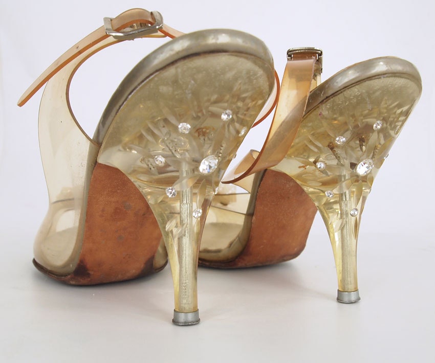 50s Clear Plastic Slingback Shoes with Carved Lucite & Rhinestone Heels