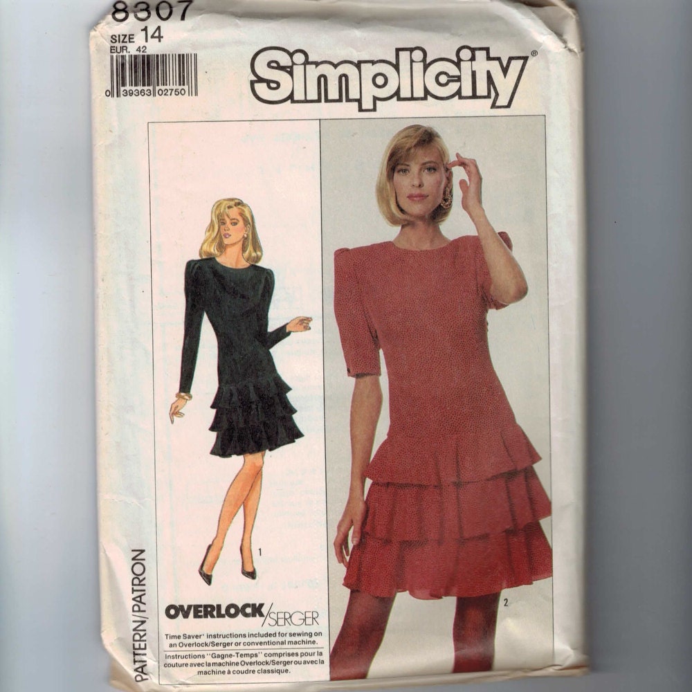 1980s Vintage Sewing Pattern Simplicity 8307 Misses Flounced Cocktail Dress Size 14 Bust 36 UNCUT 80s