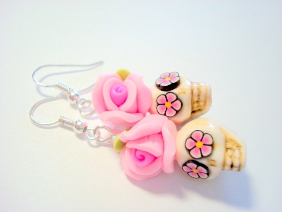 White and Pink Flower Eyes Day of the Dead Roses and Sugar Skull Earrings