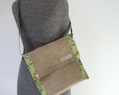 Repurposed Burlap Crossbody Purse, Notebook Bag, Tablet Bag, iPad Bag