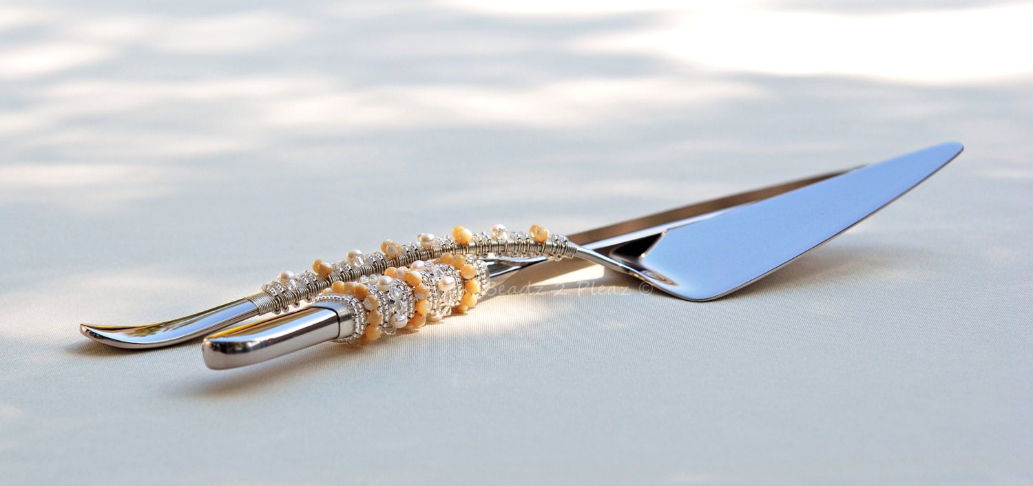 Beach Wedding Cake Server And Knife Set In Swarovski Crystals, Shells And Fresh Water Pearls Hand Beaded Destination And Seaside Wedding