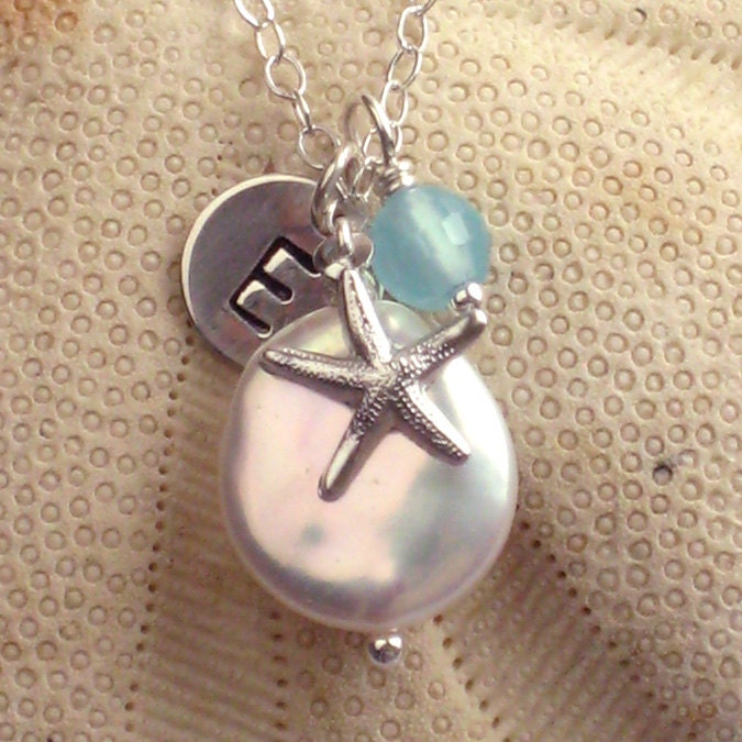 Starfish, Coin Pearl, Chalcedony & Initial Necklace, Aqua Chalcedony Drop and Starfish Charm in Silver, Beach Wedding, Bridesmaid Gift
