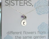 Initial, Flower & Birthstone Necklace with Initial Tag, Flower Charm, Personalized Jewelry, Sister Gift, Sterling Silver, Sentiment Card