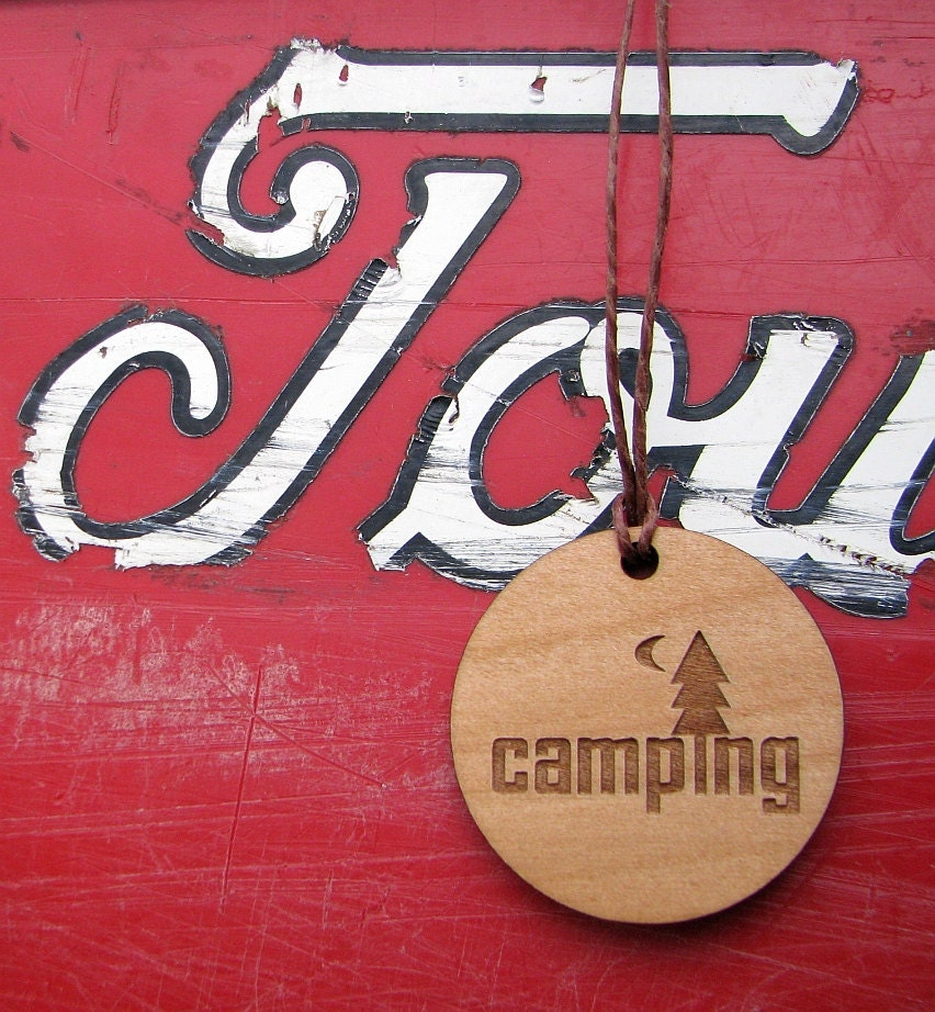 Camping, hiking or teardrop trailer wooden circle pendant.  Five dollars.  Ready to ship. Nature. Outdoors. Simple.