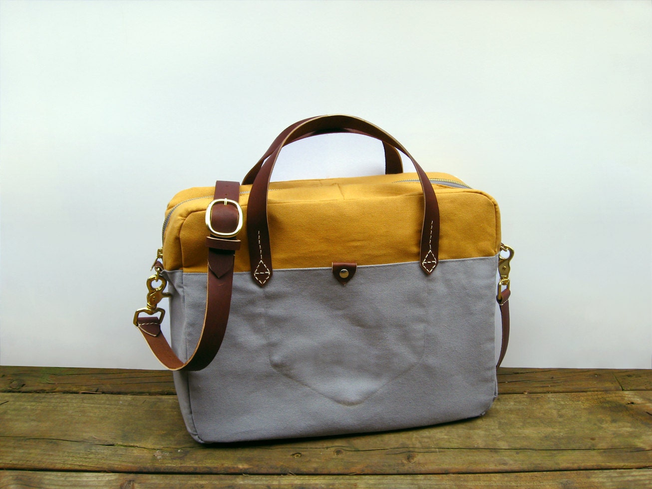 13" Canvas Leather Laptop Bag / Gold & Gray / FREE US SHIPPING