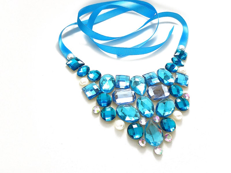 Turquoise Necklace, Aqua, Baby Blue, Crystal AB and Pearl Rhinestone Bib Statement Necklace, Bridesmaid Necklace, Mermaid