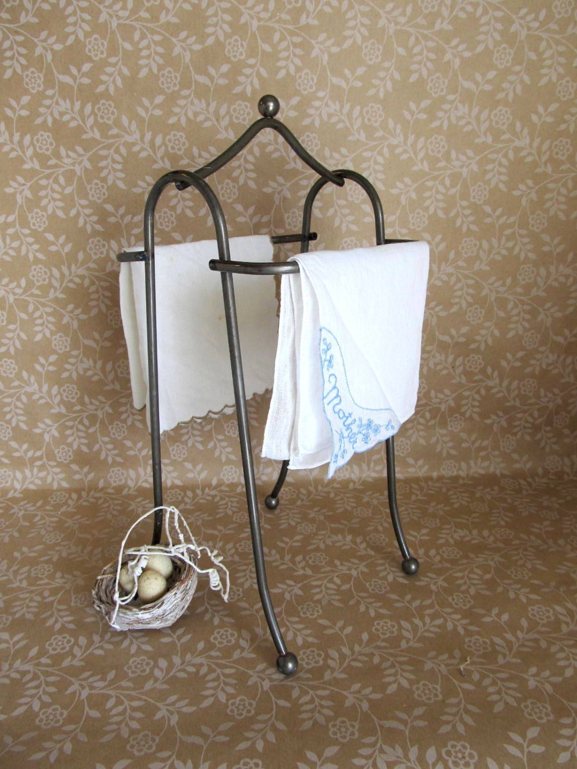 Vintage Home Decor Unique  Metal Towel / Hankie Linen Display Holder Great for Kitchen or Bath