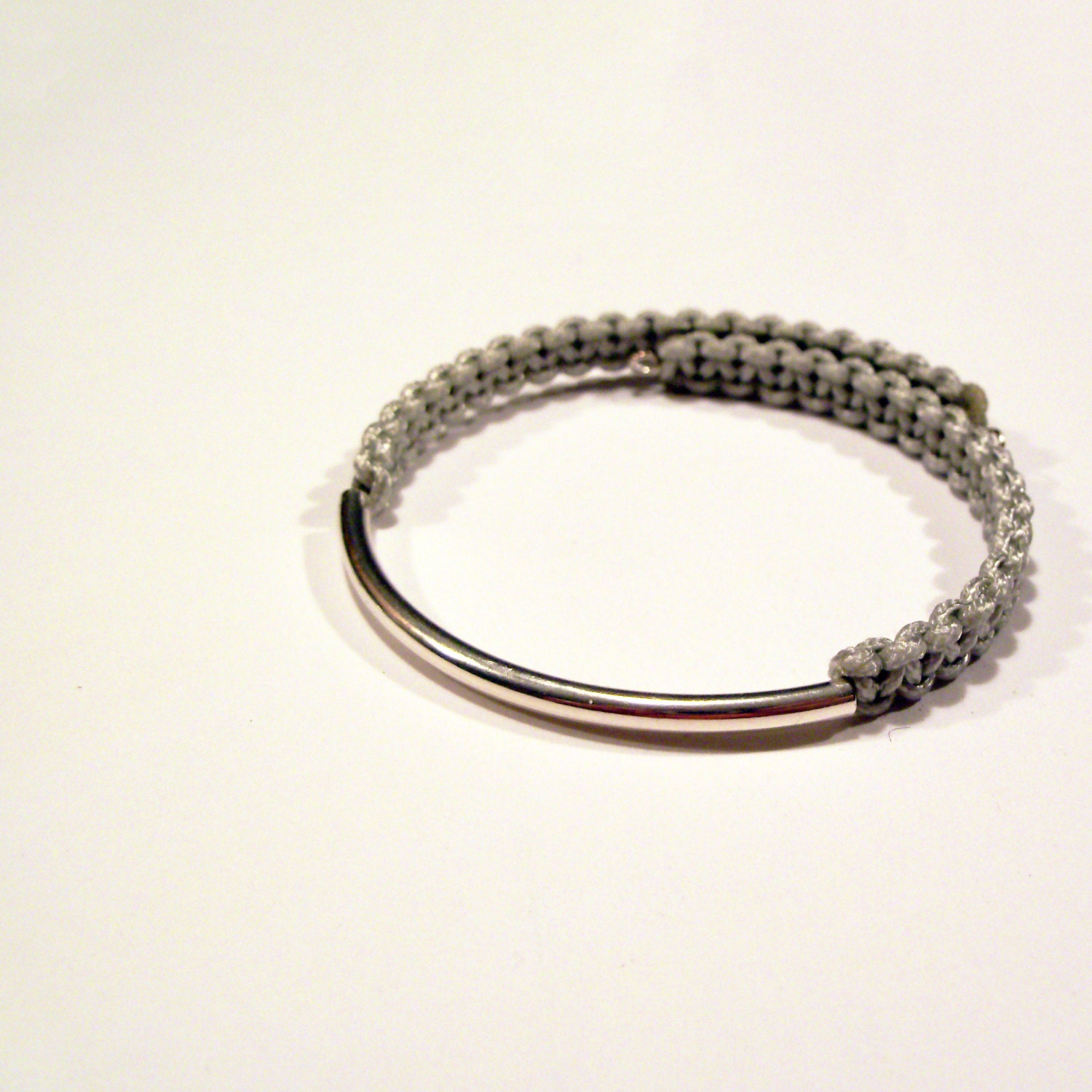 Light fog gray silver bar rope bracelet on adjustable memory wire