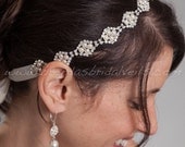 Ivory Pearl and Crystal Rhinestone Ribbon Tie On Headband, Wedding Headband, Rhinestone Bridal Band - Nicole