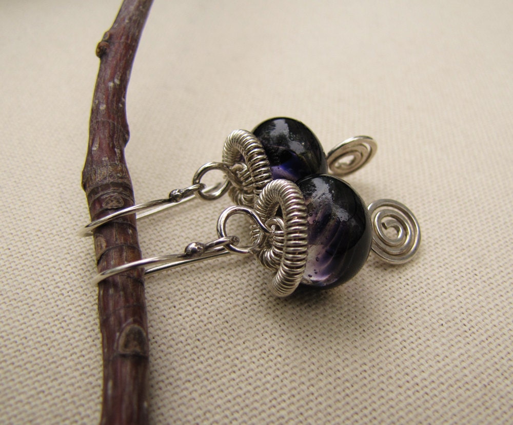 Dark Amethyst Lampwork Sterling Silver Wire Wrapped Dangle Earrings. Spiral Scrollwork