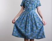 Vintage 50s Dress . Blue Dot Print . 1950s Mad Men