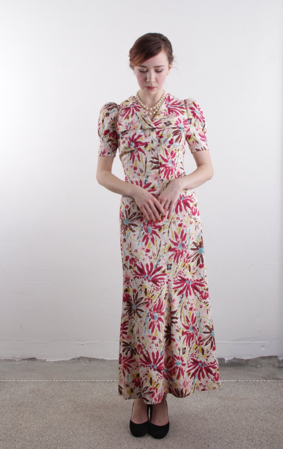 Vintage 40s Maxi Dress . Floral Color Splash . Cotton . Open Back . 1940s Gown