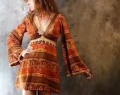 RESERVED For KATARINA Please do not purchase Thank you Vintage 1960s Mod Psychedelic Gypsy Hippie Dress Beaded Trim Bell Sleeves