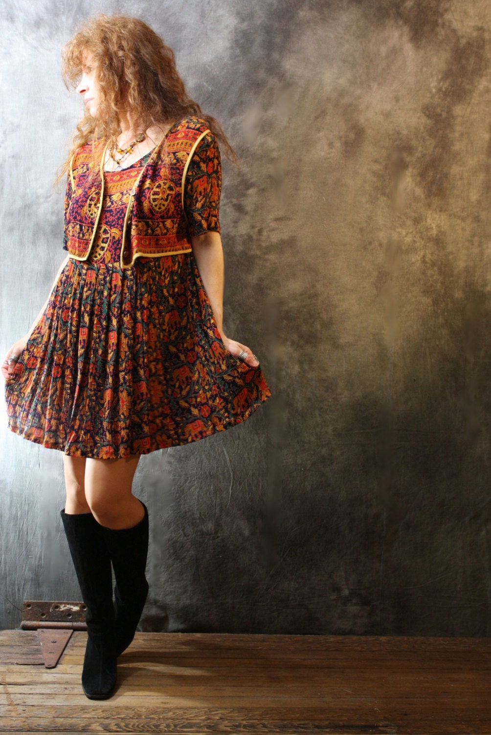 Vintage 1980s Gypsy India Crinkle Baby Doll Dress Cute Bolero Top